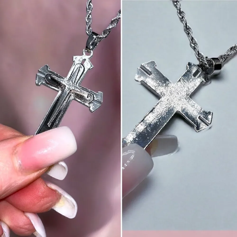 Men’s Necklace l 2” Cross Pendant l Stainless Steel l 24” Rope Chain l New
